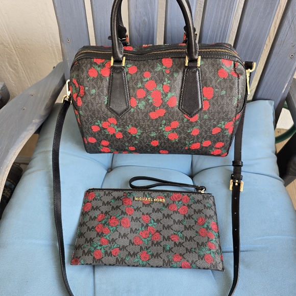 Michael Kors Black and Red Floral Satchel - Picture 8 of 15